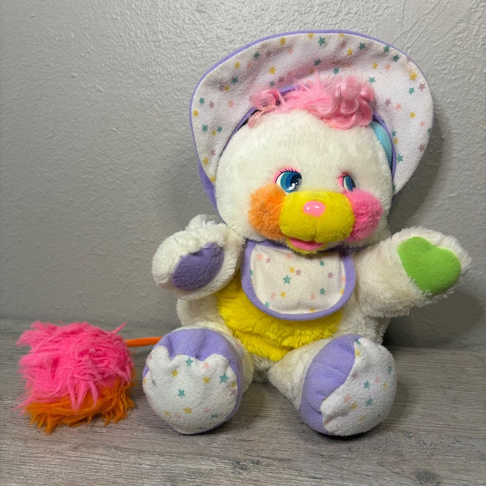 Vintage 1986 Mattel Popples Bibsy Baby Plush White Purple Star Bonnet 1127 SL